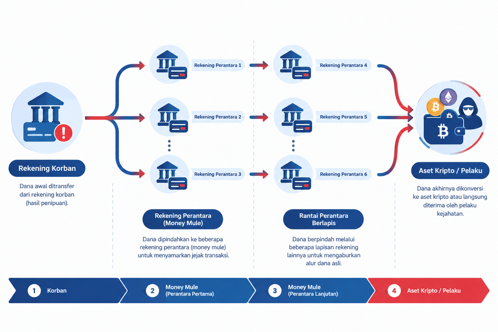 Diagram alur dana money mule dari rekening korban ke pelaku melalui rekening perantara