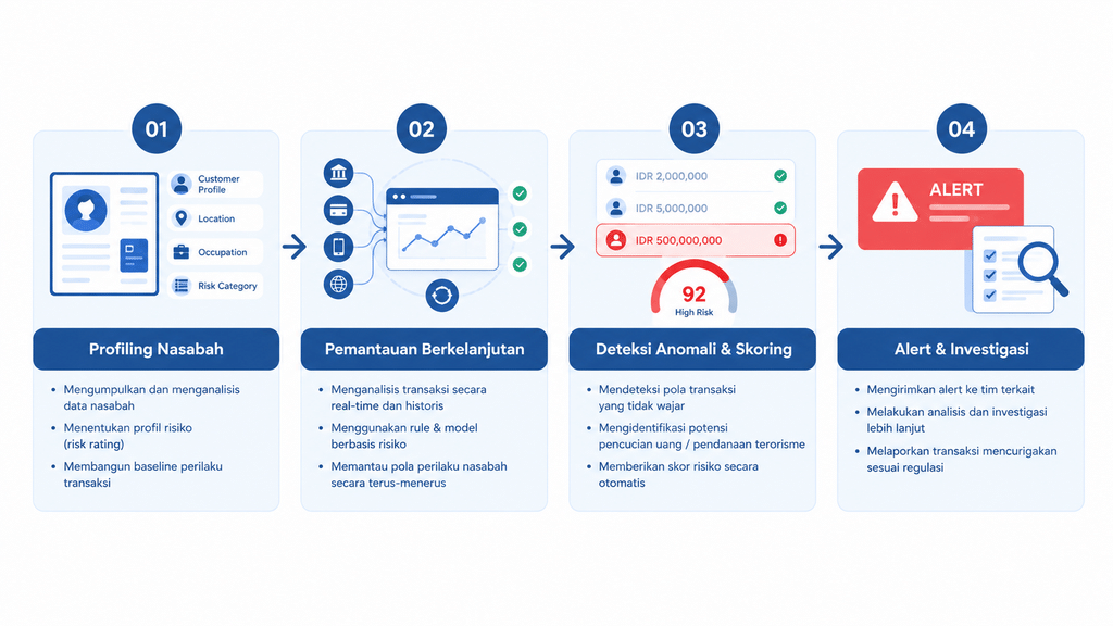 Diagram alur AML transaction monitoring dari profiling nasabah hingga alert investigasi
