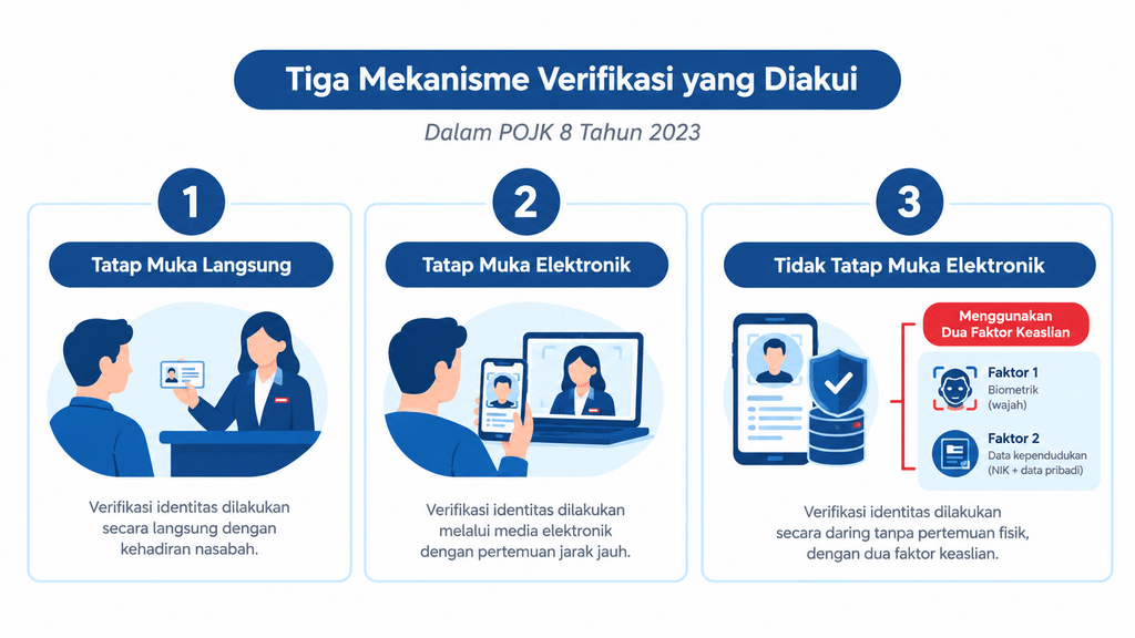 Infografis tiga mekanisme verifikasi nasabah menurut POJK 8 Tahun 2023